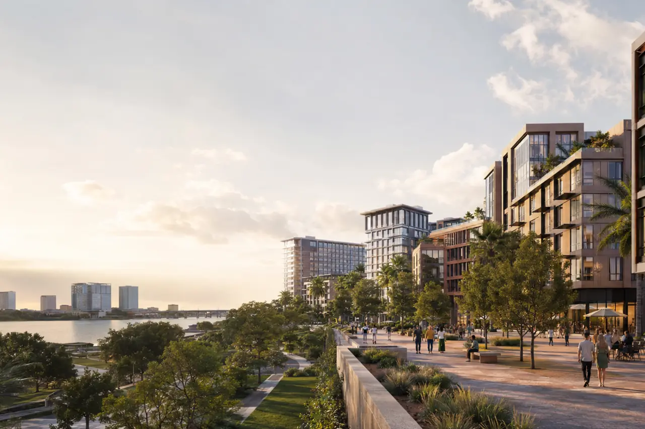 Mixed-use commercial district along a riverfront