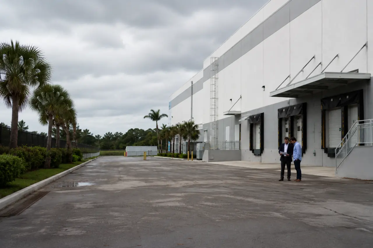 Two brokers standing far from the camera beside an industrial loading facility