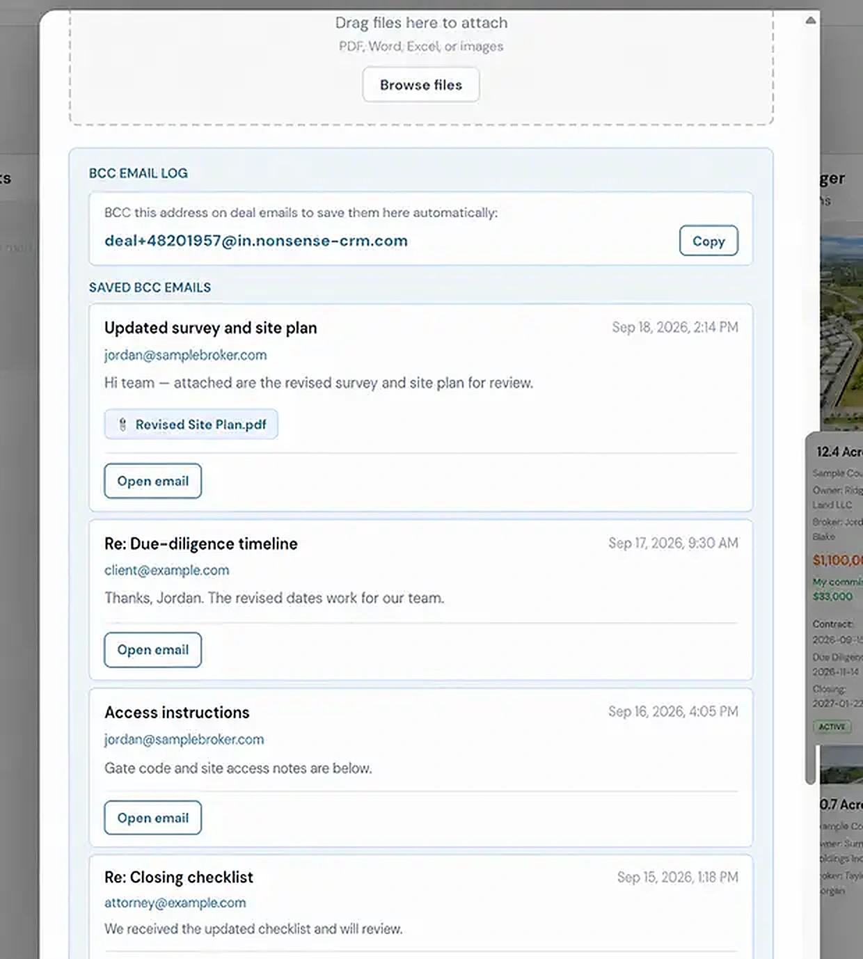 Deal email log showing fictional emails and an attachment saved through a unique BCC address