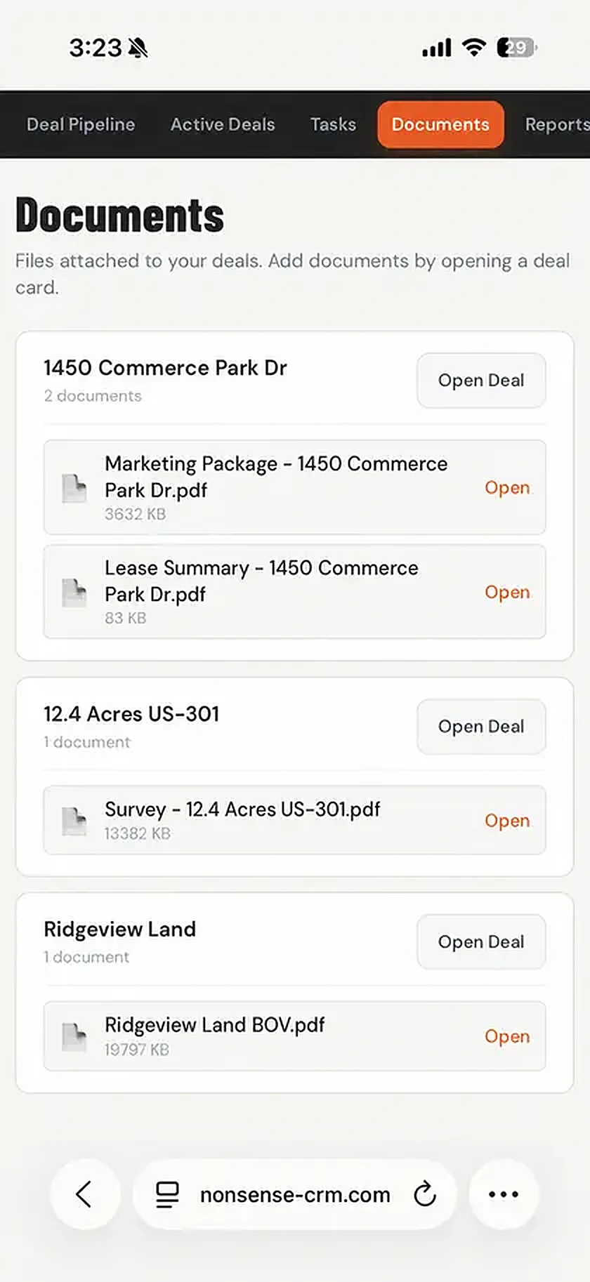 Mobile document list using fictional deal files